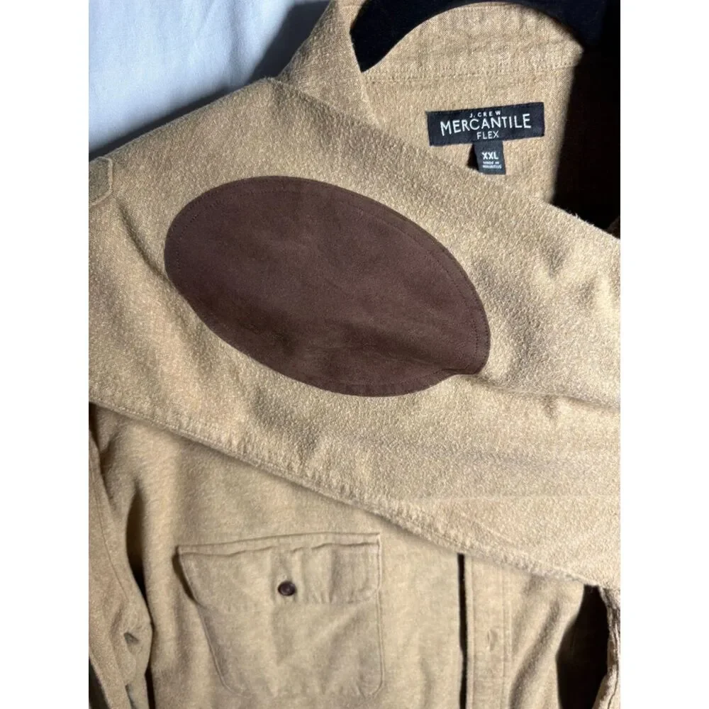 J.Crew Mercantile Flex Men’s XXL Tan Cotton Shirt Brown Elbow Patches